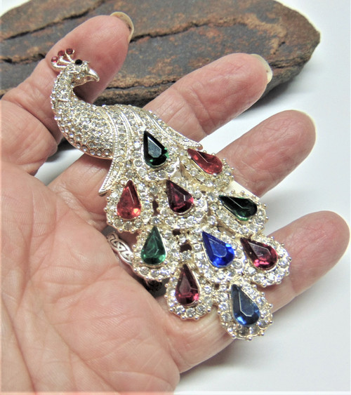 Peacock Bird Pin Feathers Multicolor Rhinestone Crystal Brooch