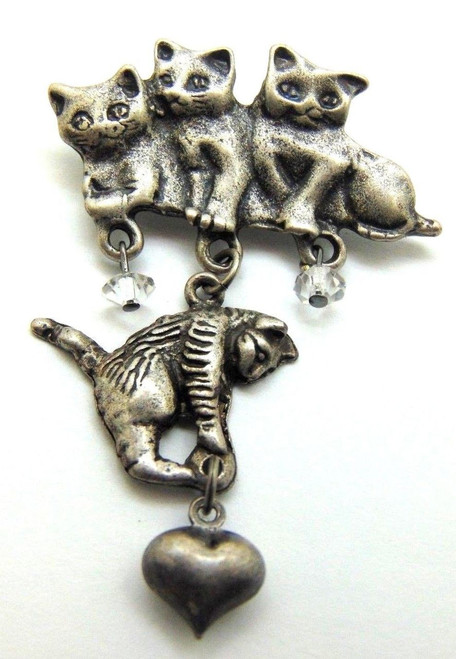 Cat Pin 3 Kittens Mommy Babies Rhinestone Crystal Brooch Pewter