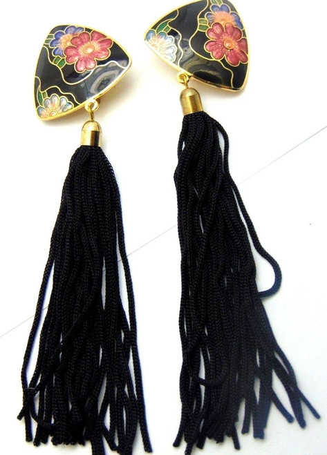 Cloisonné Clip Earrings Black Silk Floral Shoulder Dusters