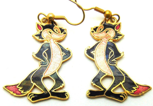 Wile E. Coyote Pierced Earrings Road Runner Cloisonne Cartoon Vintage