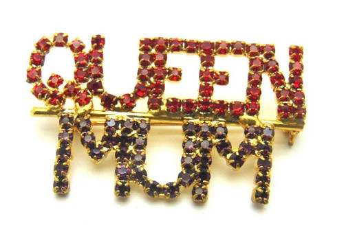 Queen Mum Pin Red Hat Brooch Rhinestone Crystal Society