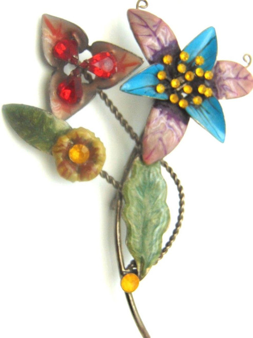 Flower Pin French Enamel Rhinestone Lucite Gunmetal Brooch