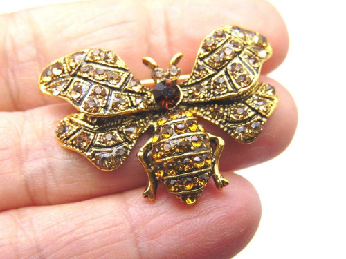 Citrine Topaz Bee Pin Brooch Bug Rhinestone Crystal Honey