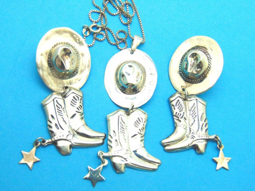 Cowgirl Boots Hat Earrings Necklace Sterling 925 Pendant Star Set