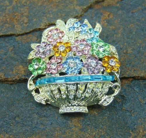 Flower Basket Pin Brooch Art Deco Look Bouquet Crystal