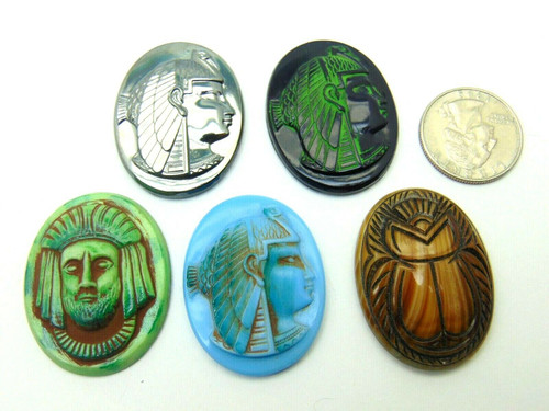 Egyptian Cabochon Lot Scarab Tut Nefertiti German Glass Set