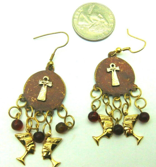 Queen Nefertiti Ankh Earrings Egyptian Patina Cross Key of Life