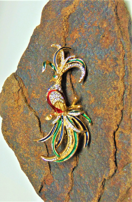 Bird of Paradise Pin Mardi Gras Colors Rhinestone Crystal Brooch DazzleCity