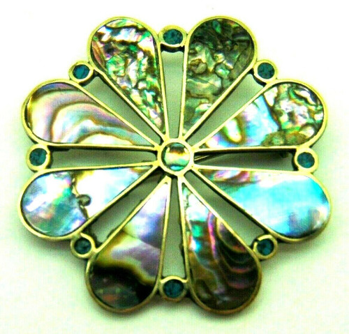 Abalone Shell Flower Brooch Pin Necklace Signed ALPACA MEXICO Silver