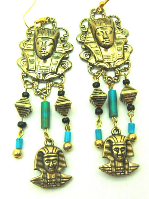 Vintage Egyptian King Tut Earrings Turquoise Beaded Chandelier DazzleCity