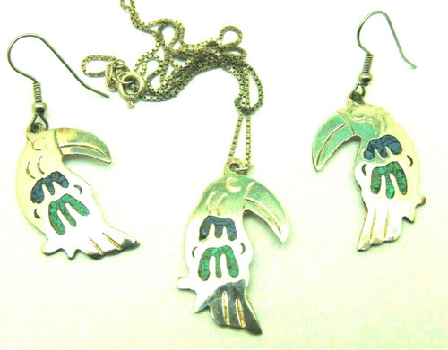 Parrot Necklace Earring Alpaca Set 3 Pc Sterling Chain Turquoise