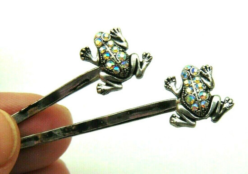 Frog Toad Bobby Pins Pair Vintage AB Rhinestone Crystal Tree DazzleCity
