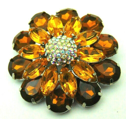 Amber Topaz Daisy Flower Pin Rhinestone Crystals Brooch DazzleCity