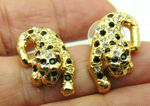 Leopard Earrings Pierced Cat Rhinestone Crystal Tiger Panther