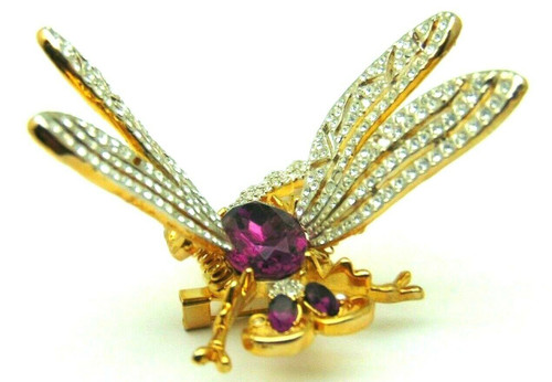 Dragonfly Pin Trembler Amethyst Rhinestone Crystal Motion Brooch