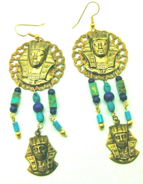 King Tut  Turquoise Pierced Earrings Egyptian Revival