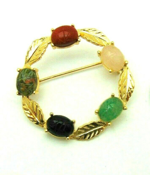 SCARAB Circle PIN Egyptian Genuine Carved Stones Rose Quartz Jade Onyx