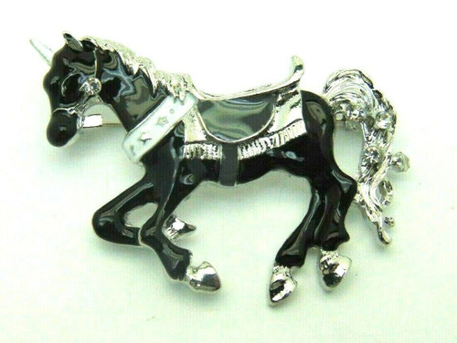 Black Knight Unicorn Pin Rhinestone Pony Saddle Mane Brooch DazzleCity