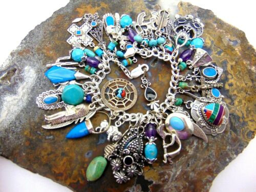 Sterling Indian Charm Bracelet Turquoise  Amethyst Thunderbird Kokopelli