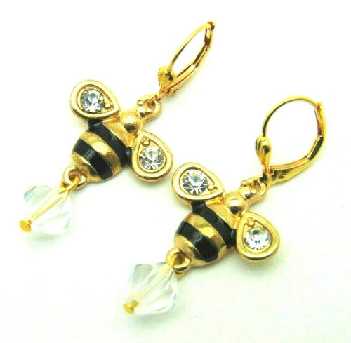 Bee Earrings Pierced Made with Swarovski Crystal Lever Back