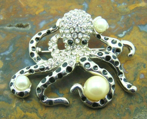 Octopus Squid Pin Kraken Pearl Rhinestone Crystal Brooch DazzleCity