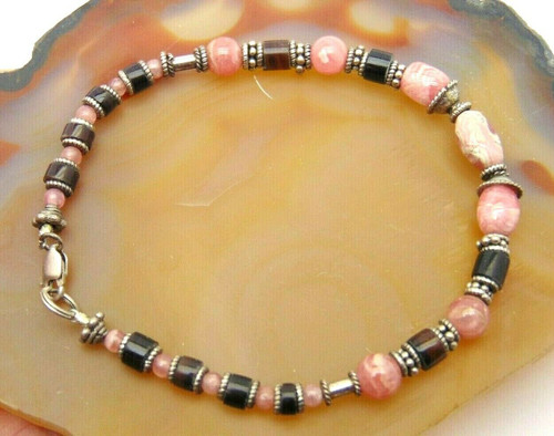 Sterling Rhodochrosite Bracelet Beads 7.5" Heishi DazzleCity