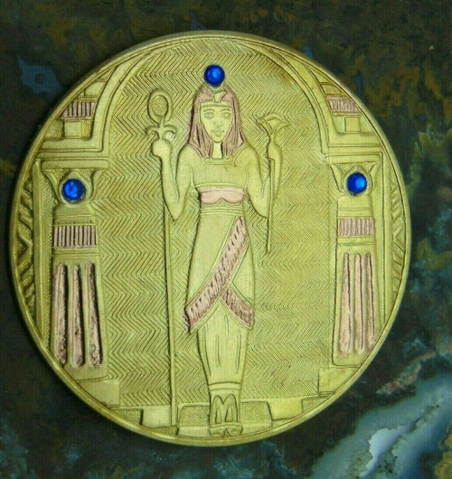 Nefertiti Egyptian Revival Pin Brass Signed Brooch Crystal