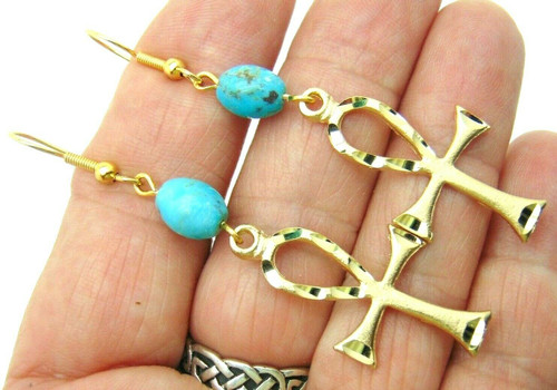 Ankh Turquoise Earrings Egyptian Revival Diamond Cut