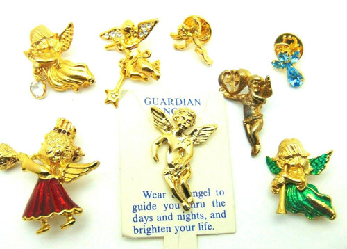 8 Angel Pins Set Lot Brooch Rhinestone Crystal Vintage