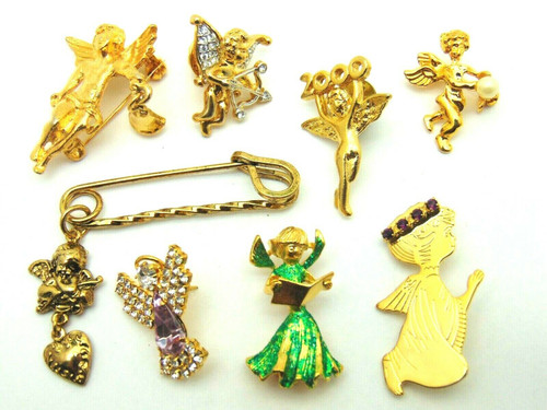 8 Angel Pins Set Lot Brooch Rhinestone Crystal Pieces Vintage