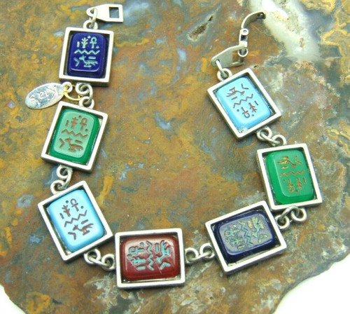 Egyptian Revival Bracelet German Hieroglyphs Glass Cabochon Signed Kia's