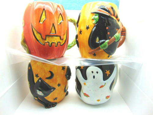 Susan Winget Halloween Pumpkin Witch Cat Ghost Ceramic Mugs