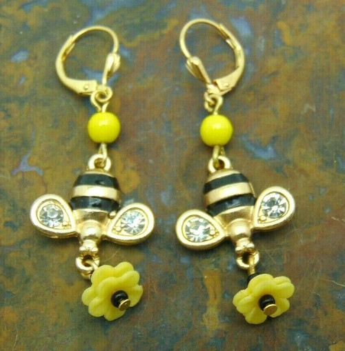 Bee Earrings Pierced Vintage Flower Honey Bug Lever Back