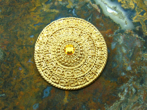 Sun Greek Key Pin Brooch Aztec Calendar Citine Rhinestone Crystal