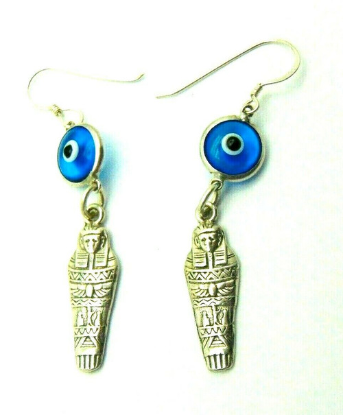 Vtg Egyptian Revival Mummy Earrings Sterling Eye Sarcophagus Horus 925 Pierced