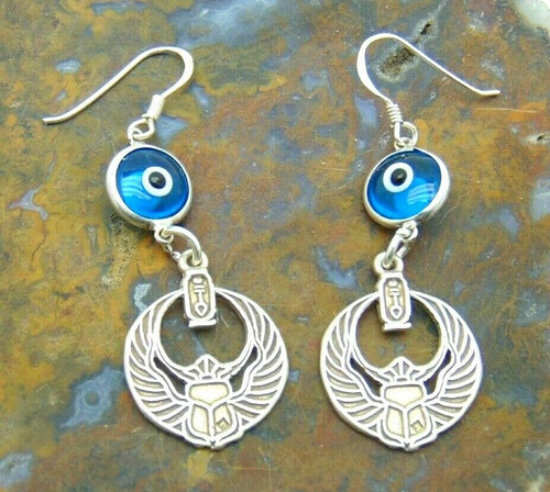 Scarab Earrings Sterling Eye Horus Egyptian Revival Winged 925