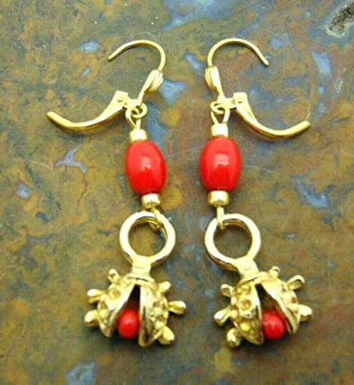 Vintage Venetian Bead Ladybug Earrings Pierced Bug