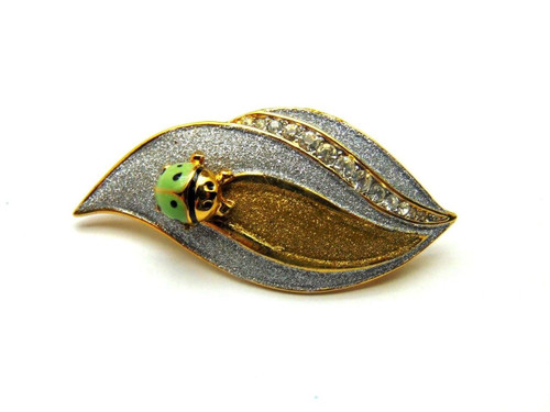 Ladybug Pin Gold Silver Glitter Leaf Rhinestone Crystal Brooch