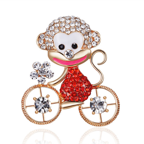 Monkey Pin Really Red Bicycle Rhinestone Crystal Brooch