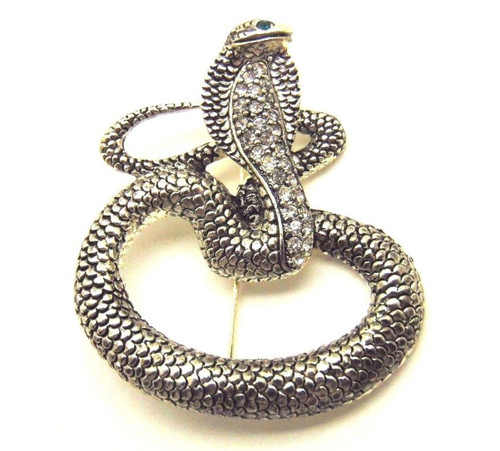 Vintage Snake Pin Serpent Rattle Cobra Viper Rhinestone Silver Plate Brooch Mint