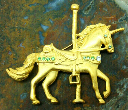 Unicorn Pin Carousel Horse Pin Peridot Rhinestone Crystal Brooch