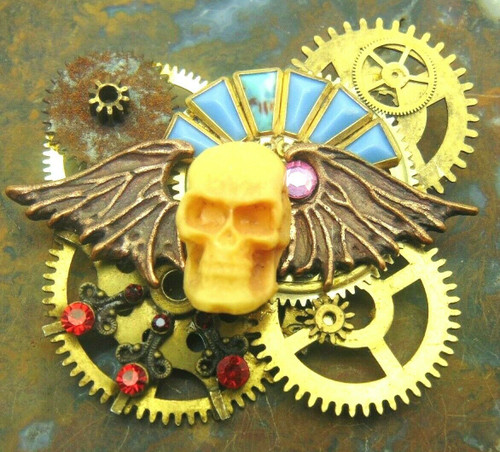 Steampunk Skull Wings Pin Watch Gears Rhinestone Grim Reaper