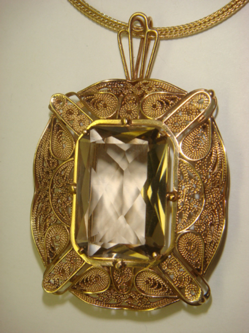Victorian 14KT Gold Topaz Filigree Necklace Pendant Pin