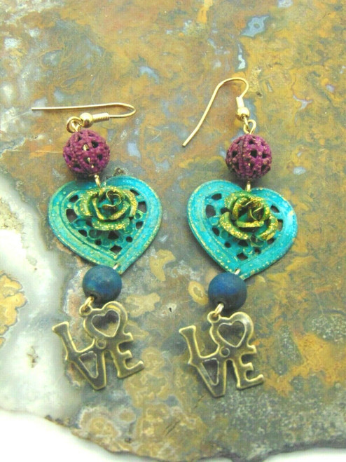 Love Heart Earrings Pierced Patina Bead Brass Boho