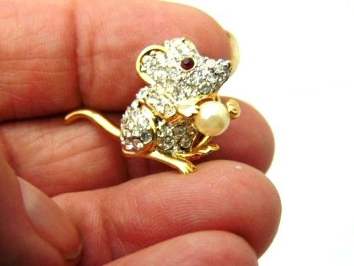 Mouse Mice Pin Rhinestone Crystal Pearl Rat Tail