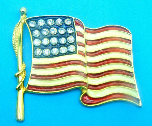 American Flag Pin USA Stars Stripes Rhinestone Crystal Brooch Vintage