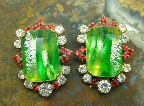 1940's Vaseline Rhinestone Earrings Re-purposed Glass DazzleCity