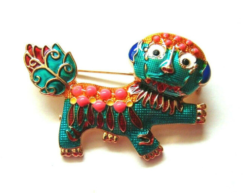 Foo Dog Pin Brooch Cloisonné Oriental Coral Enamel DazzleCity