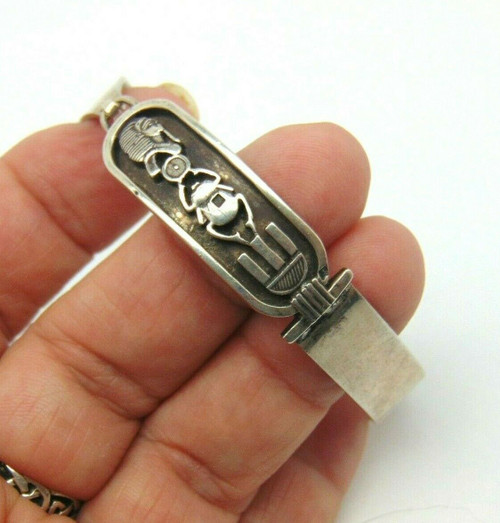 Cartouche Egyptian Sterling Silver Bracelet Tut Scarab Cuff Bangle