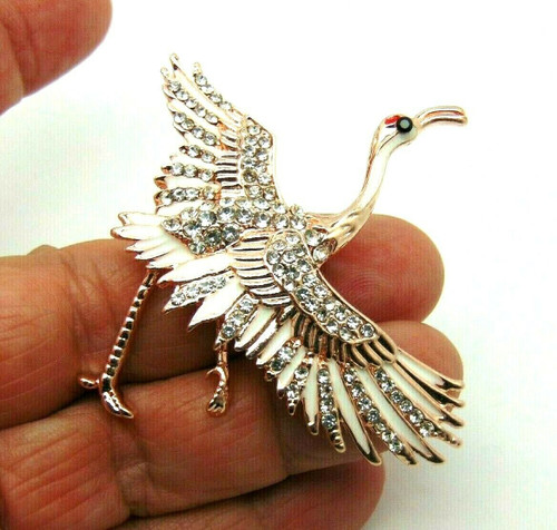 Crane Flamingo Egret Pin Bird Rose Gold Rhinestone Crystal Brooch